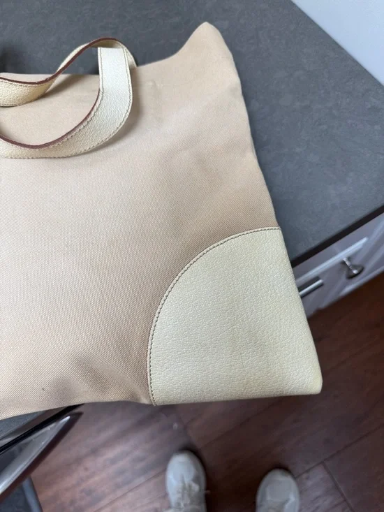 Prada Beige Canvas Shoulder Tote Bag Leather Corners and Handles - Picture 8 of 16